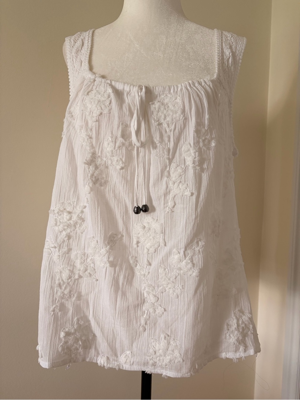 Cotton White Sleeveless Embroidered Peasant Top